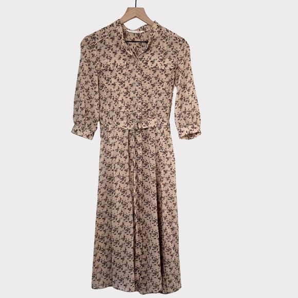 Tomas Maier Chiffon Midi Dress | Printed | Button Front | Tan | Small - Picture 4 of 10
